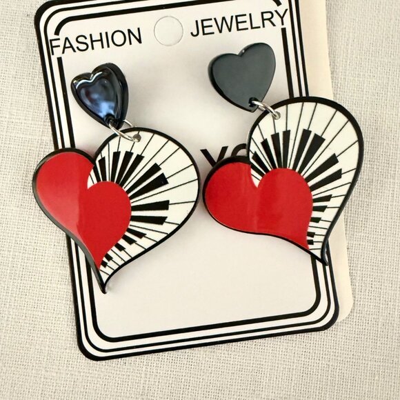 Piano Heart Earrings Black Red Music Lover Acrylic Dangle Earrings - Picture 3 of 8